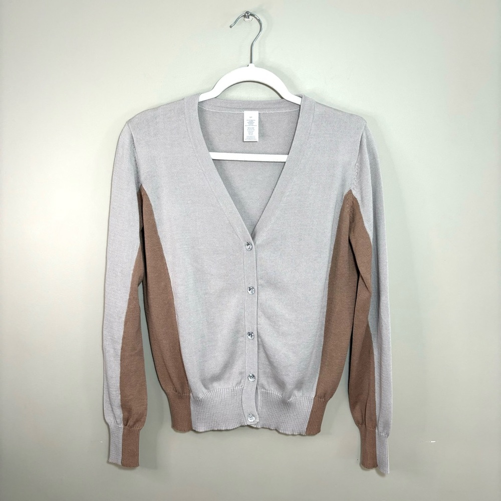 Taupe Mocha Color Block Cardigan Sweater V-Neck Rhinestone Button Size S Classic